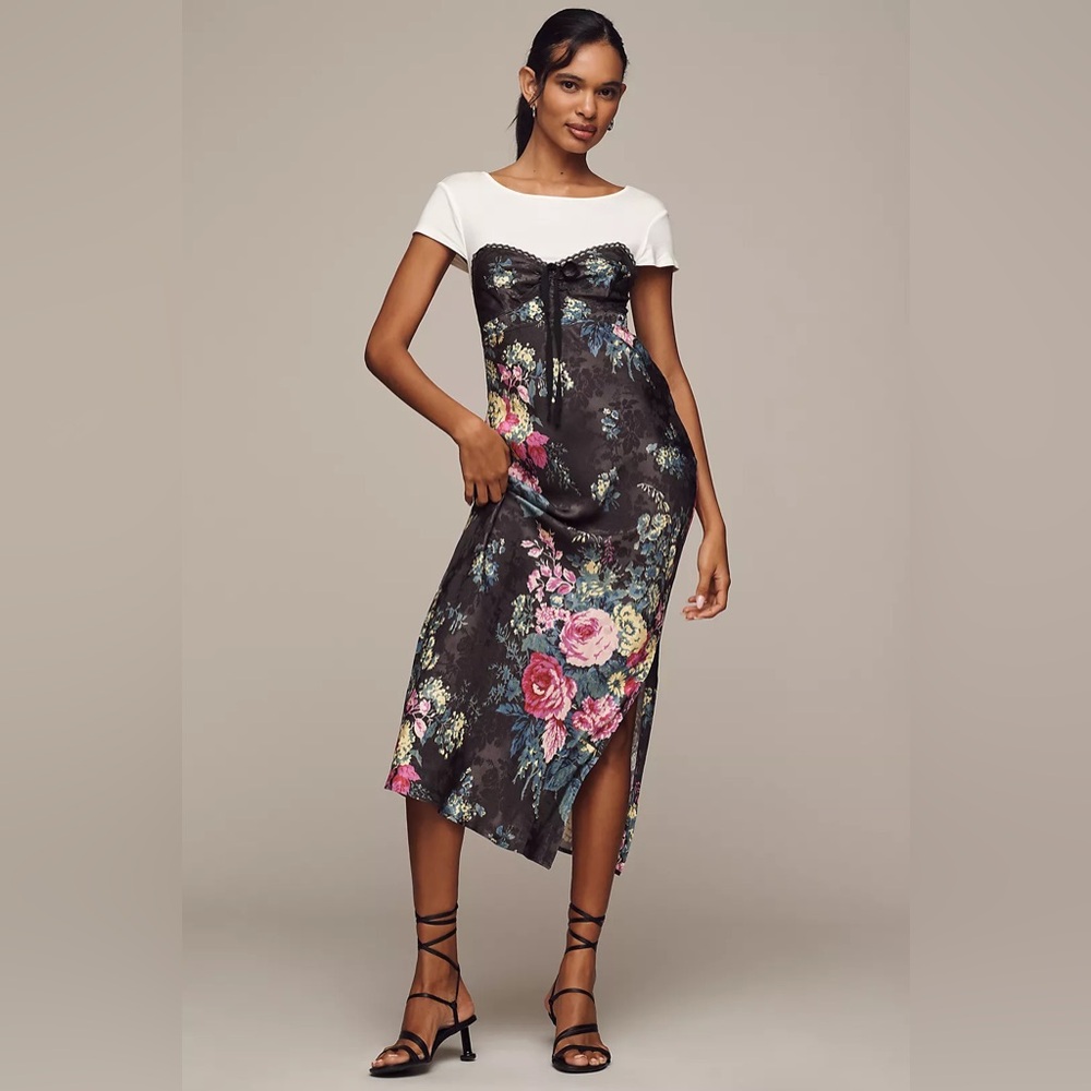 NWT By Anthropologie Twofer Midi Slip Dress Floral Black Dress Size Medium